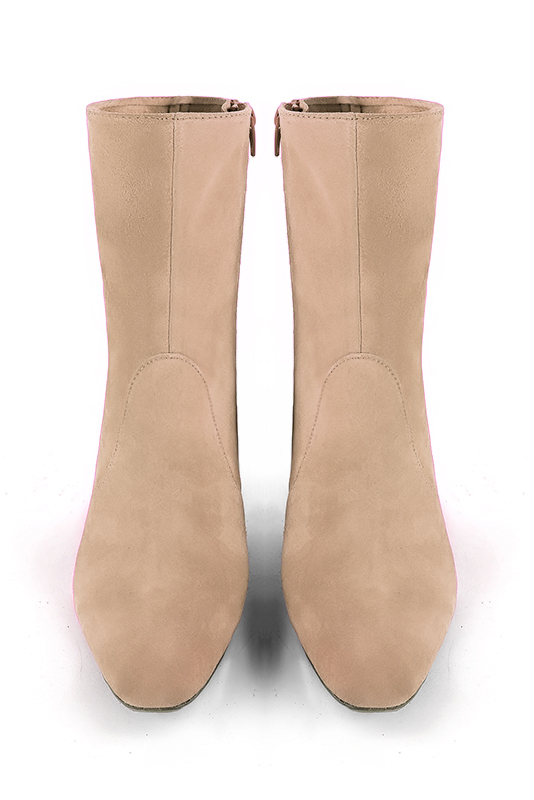Tan beige women's ankle boots with a zip on the inside. Square toe. Medium block heels. Top view - Florence KOOIJMAN